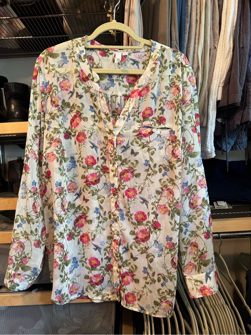 Kut from the Kloth Cream Floral Button-Down Blouse, Sheer, 1X